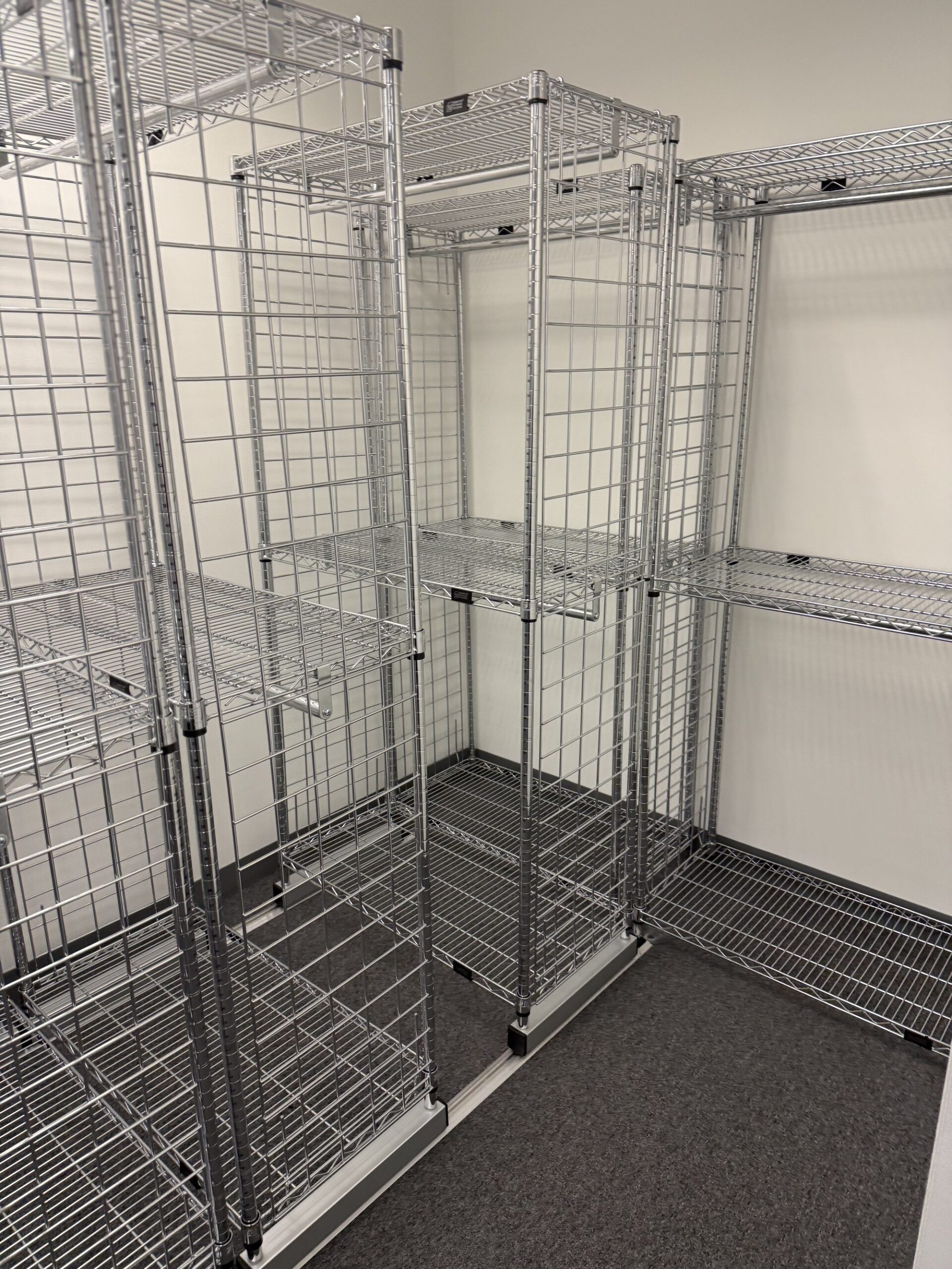 Wilmington cubby rack close-up with chrome wire shelving